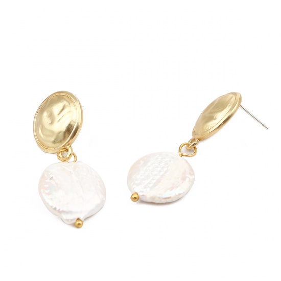 Picture of Pearl Earrings Matt Gold White Round 40mm x 16mm, Post/ Wire Size: (21 gauge), 1 Pair