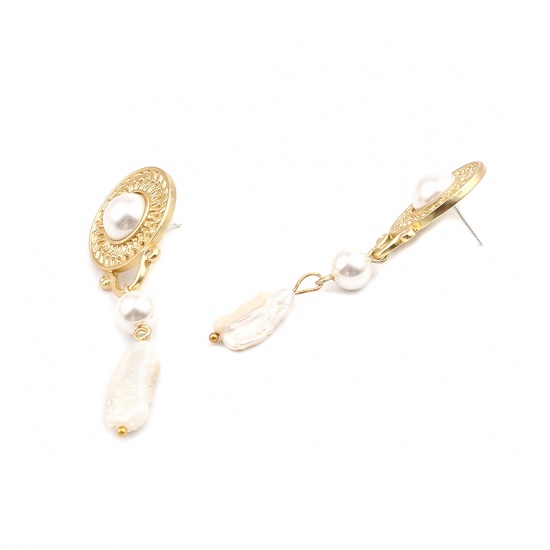 Picture of Pearl Earrings Matt Gold White Round 62mm x 22mm, Post/ Wire Size: (21 gauge), 1 Pair