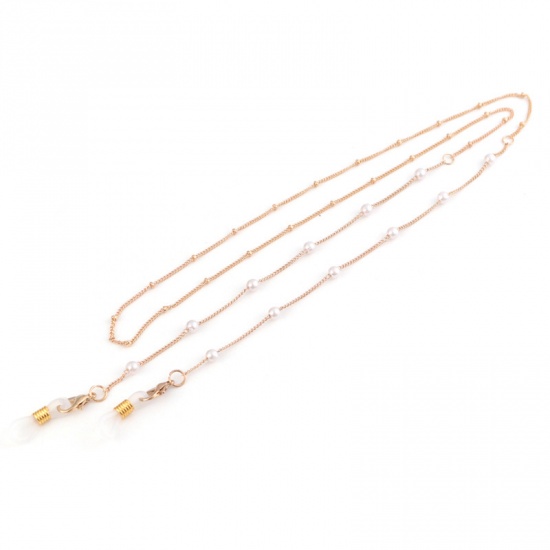 Picture of Face Mask And Glasses Neck Strap Lariat Lanyard Necklace Gold Plated Round White Acrylic Imitation Pearl 70cm(27 4/8")  long, 1 Piece