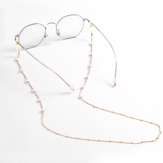 Face Mask And Glasses Neck Strap Lariat Lanyard Necklace Gold Plated Round White Acrylic Imitation Pearl 70cm(27 4/8")  long, 1 Piece の画像