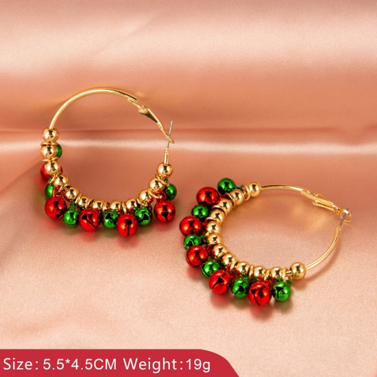 Picture of Hoop Earrings Gold Plated Red & Green Christmas Jingle Bell 1 Pair