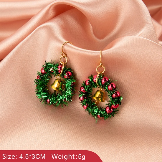 Picture of Earrings Gold Plated Green Christmas Wreath Bell 1 Pair