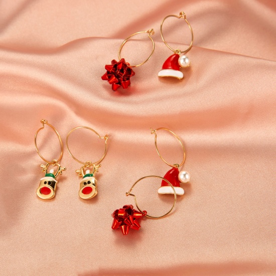 Bild von Hoop Earrings Gold Plated Multicolor Christmas Reindeer Hat Imitation Pearl 1 Set ( 3 Pairs/Set)