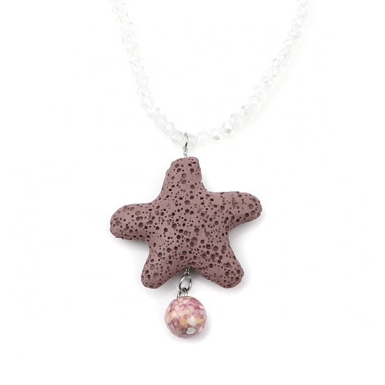 Bild von Lava Rock Beaded Necklace Dark Pink Pentagram Star 45.5cm(17 7/8") long, 1 Piece