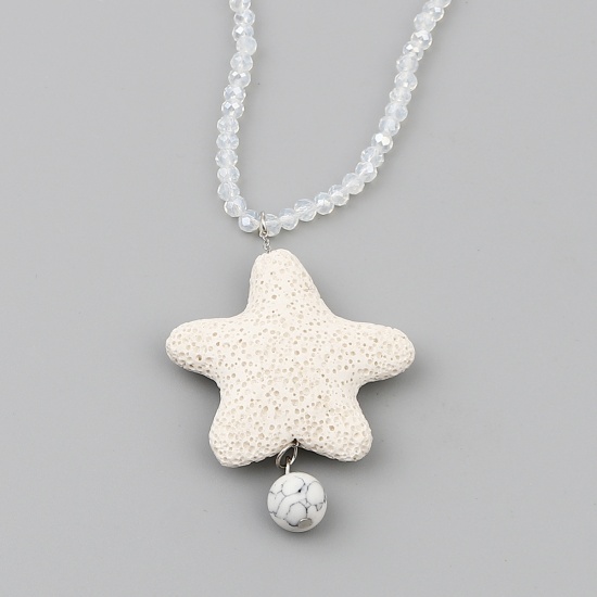 Lava Rock Beaded Necklace Creamy-White Pentagram Star 45.5cm(17 7/8") long, 1 Piece の画像