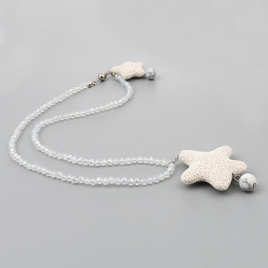 Bild von Lava Rock Beaded Necklace Creamy-White Pentagram Star 45.5cm(17 7/8") long, 1 Piece