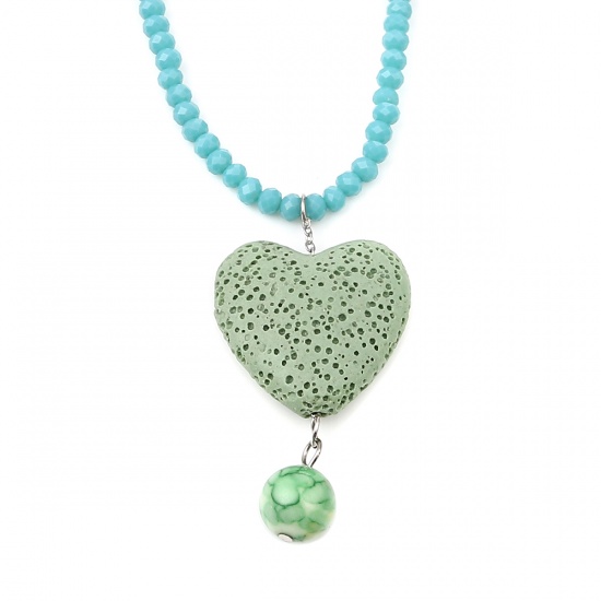 Immagine di Lava Rock Beaded Necklace Light Green Heart 45.5cm(17 7/8") long, 1 Piece