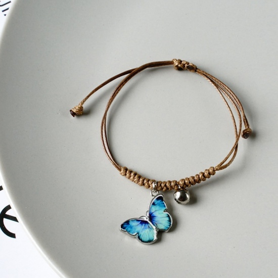 Picture of Ceramic Insect Braided Charm Bracelets Light Coffee & Blue Butterfly Animal Adjustable 20cm(7 7/8") long, 1 Piece