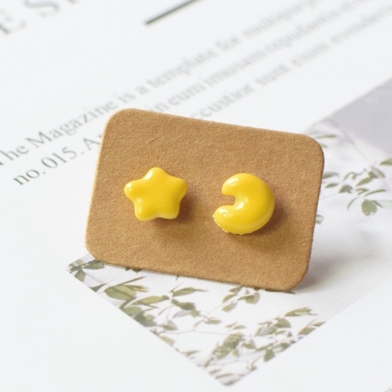 Picture of Ceramic Ear Post Stud Earrings Yellow Half Moon Star 1 Pair