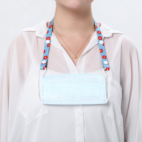 Picture of Polyester Face Mask Neck Strap Lariat Lanyard Necklace Flower Blue Adjustable 62cm long, 1 Piece