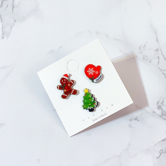 Picture of Acrylic Pin Brooches Christmas Ginger Bread Man Tree Mixed Color 26mm x 20mm - 22mm x 19mm, 1 Set ( 3 PCs/Set)