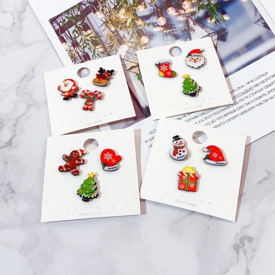 Picture of Acrylic Pin Brooches Christmas Santa Claus Deer Mixed Color 26mm x 20mm - 22mm x 19mm, 1 Set ( 3 PCs/Set)