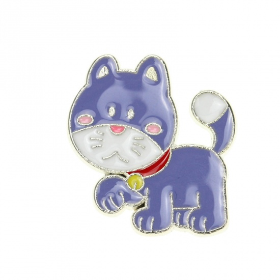 Picture of Zinc Based Alloy Pin Brooches Cat Animal Purple Enamel 26mm x 24mm, 1 Piece