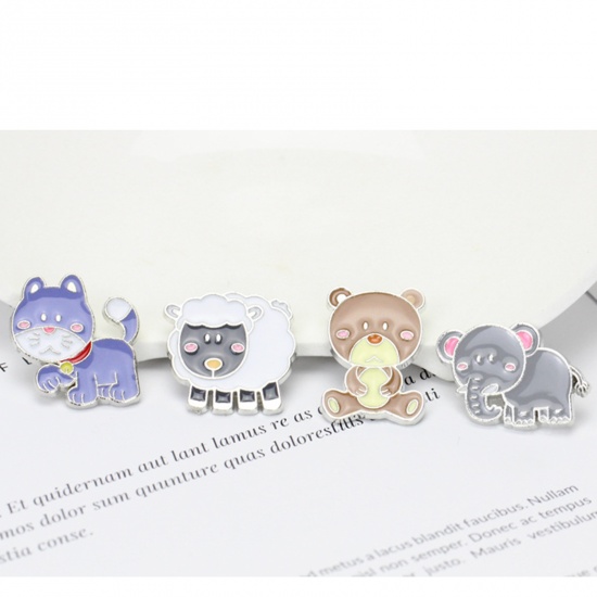 Picture of Zinc Based Alloy Pin Brooches Cat Animal Purple Enamel 26mm x 24mm, 1 Piece