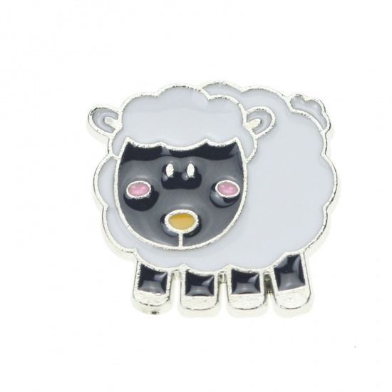 Picture of Zinc Based Alloy Pin Brooches Sheep Black & White Enamel 25mm x 24mm, 1 Piece