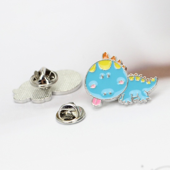 Picture of Zinc Based Alloy Pin Brooches Dinosaur Animal Blue Enamel 28mm x 22mm, 1 Piece