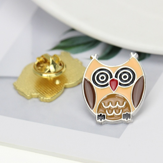 Picture of Zinc Based Alloy Pin Brooches Owl Animal Coffee Enamel 24mm x 21mm, 1 Piece