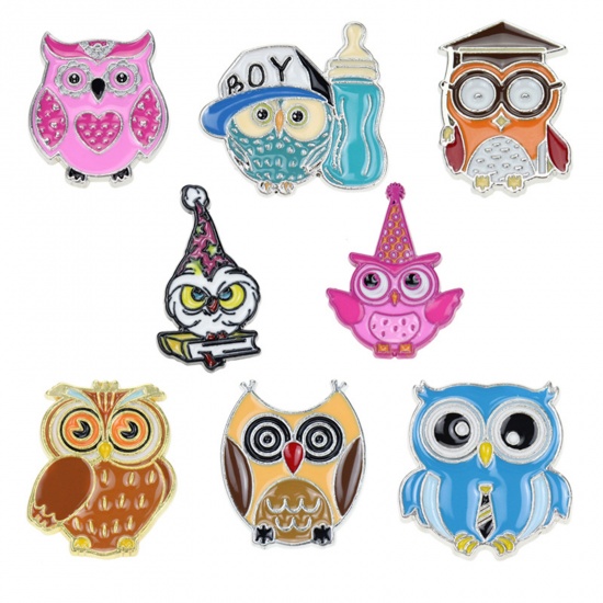 Picture of Zinc Based Alloy Pin Brooches Owl Animal Coffee Enamel 24mm x 21mm, 1 Piece