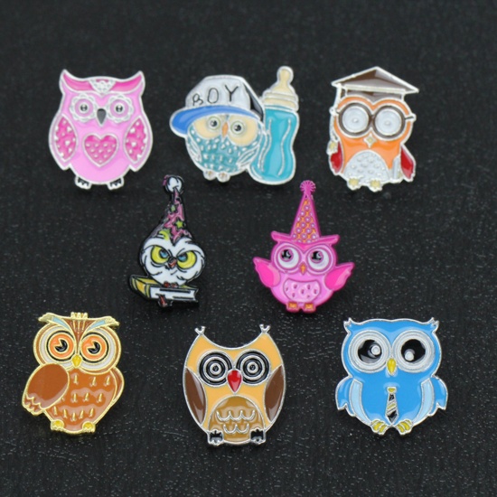 Picture of Zinc Based Alloy Pin Brooches Owl Animal Fuchsia Enamel 25mm x 22mm, 1 Piece