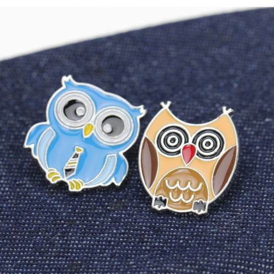 Picture of Zinc Based Alloy Pin Brooches Tie Owl Blue Enamel 24mm x 23mm, 1 Piece