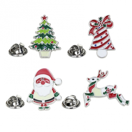 Picture of Zinc Based Alloy Pin Brooches Christmas Tree Green Enamel 26mm x 19mm, 1 Piece