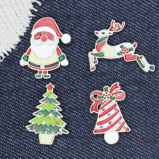 Picture of Zinc Based Alloy Pin Brooches Christmas Tree Green Enamel 26mm x 19mm, 1 Piece
