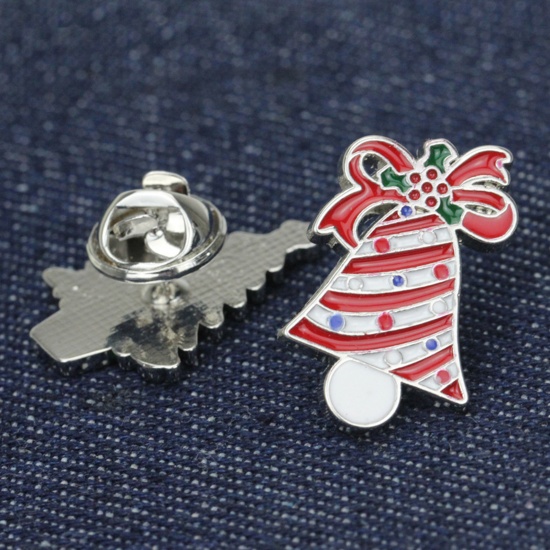 Picture of Zinc Based Alloy Pin Brooches Christmas Jingle Bell Red Enamel 26mm x 16mm, 1 Piece