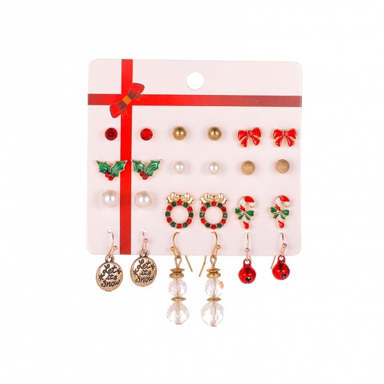 Picture of Earrings Mixed Color Christmas Wreath Bell Red & Green Rhinestone Imitation Pearl 34mm long - 4mm long, 1 Set ( 12 Pairs/Set)