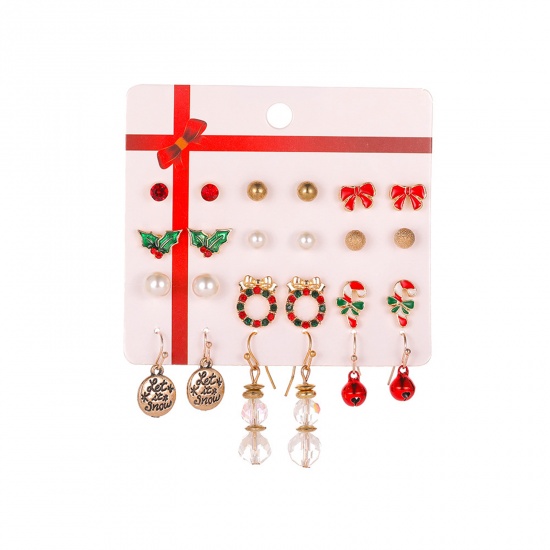 Изображение Earrings Mixed Color Christmas Wreath Bell Red & Green Rhinestone Imitation Pearl 34mm long - 4mm long, 1 Set ( 12 Pairs/Set)