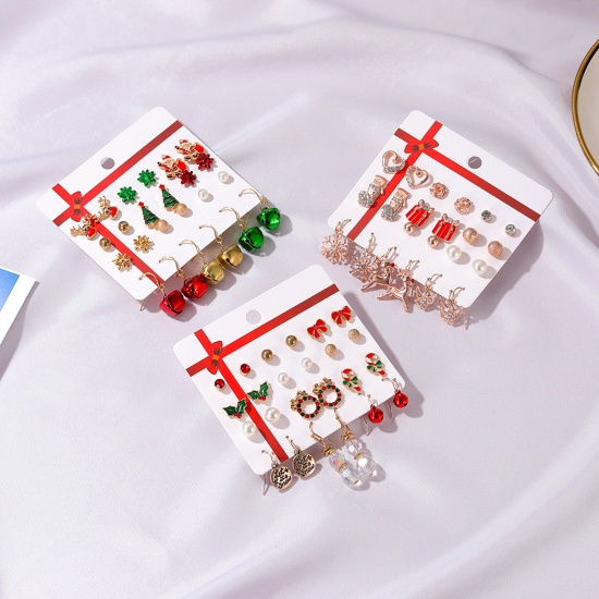 Picture of Earrings Mixed Color Christmas Wreath Bell Red & Green Rhinestone Imitation Pearl 34mm long - 4mm long, 1 Set ( 12 Pairs/Set)