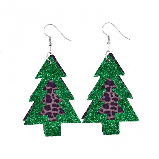 Image de Boucles d'Oreilles en PU Vert Pin de Noël Léopard Brillant Paillettes 75mm x 37mm, 1 Paire