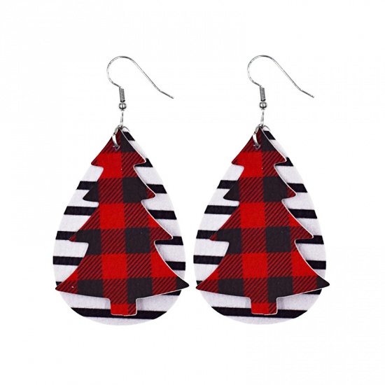 Picture of PU Leather Christmas Earrings White & Red Drop Stripe 75mm x 33mm, 1 Pair