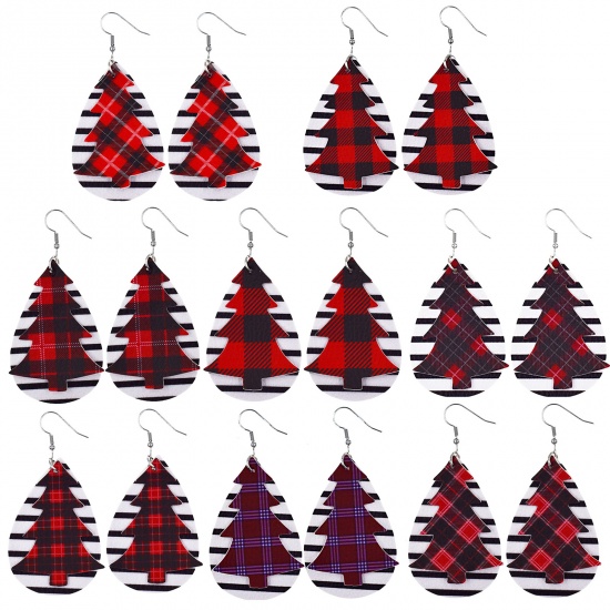 Picture of PU Leather Christmas Earrings White & Red Drop Stripe 75mm x 33mm, 1 Pair