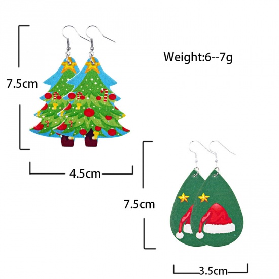 Picture of PU Leather Earrings Green Drop Christmas Hats 75mm x 35mm, 1 Pair