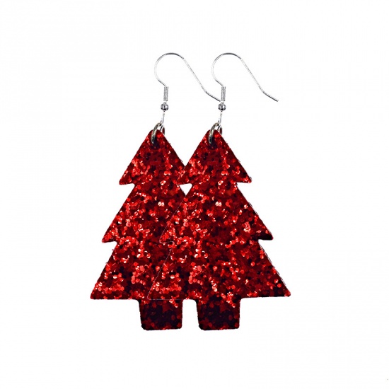 Picture of PU Leather Earrings Red Christmas Tree Sequins 75mm x 45mm, 1 Pair