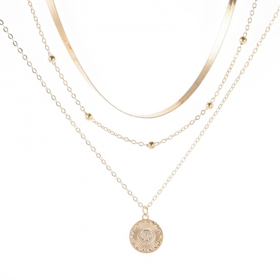 Imagen de Multilayer Layered Necklace Gold Plated Round Lotus Flower 35cm(13 6/8") long, 1 Piece