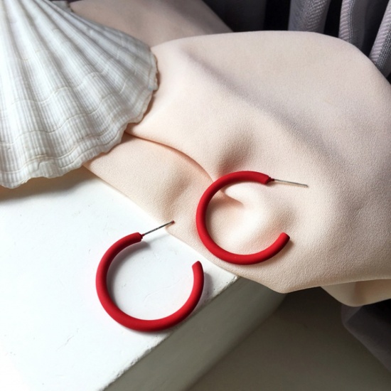 Picture of Hoop Earrings Red Matte C Shape 30mm x 30mm, 1 Pair