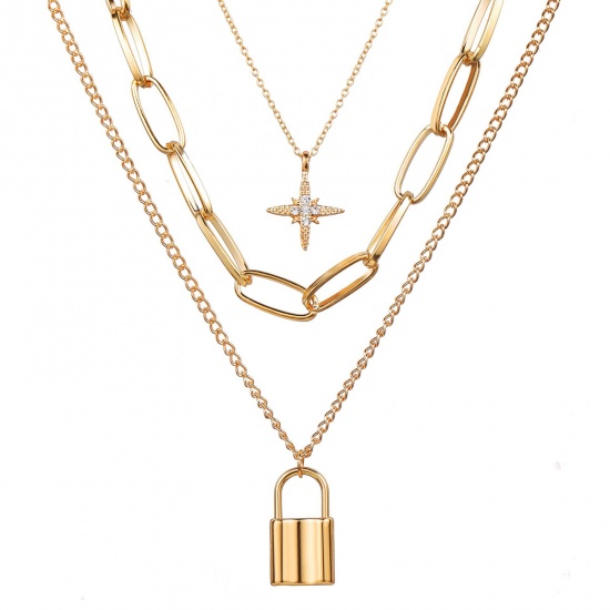 Picture of Galaxy Multilayer Layered Necklace Gold Plated Lock Star Clear Rhinestone 1 Piece