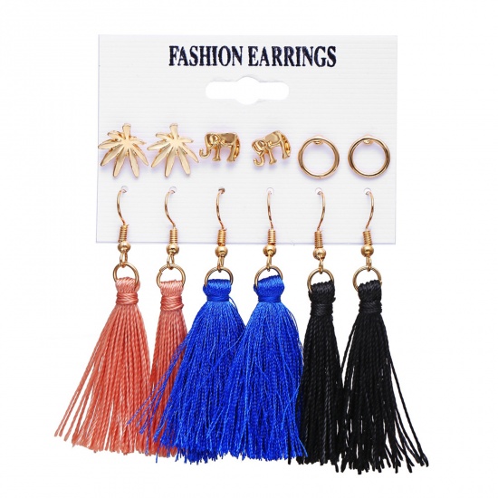 Picture of Polyester Earrings Multicolor Tassel Leaf 67mm, 8mm Dia., 1 Set ( 6 Pairs/Set)