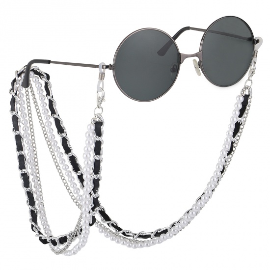 Bild von Acryl Gesichtsmaske und Brille Halsriemen Lariat Lanyard Halskette Silberfarbe Weiß Imitat Perle 70cm lang, 1 Strang