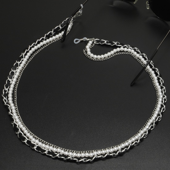 Bild von Acryl Gesichtsmaske und Brille Halsriemen Lariat Lanyard Halskette Silberfarbe Weiß Imitat Perle 70cm lang, 1 Strang