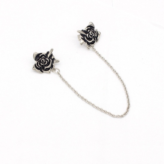 Bild von Brosche Pullover Clip Rose Silberfarbe Schwarz Emaille 15cm, 1 Stück