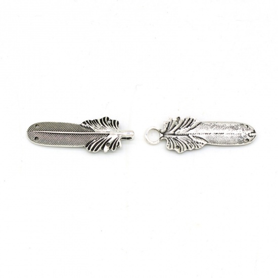 Picture of Hook Clasps Brooch Feather Antique Silver Color 90mm x 17mm, 1 Piece