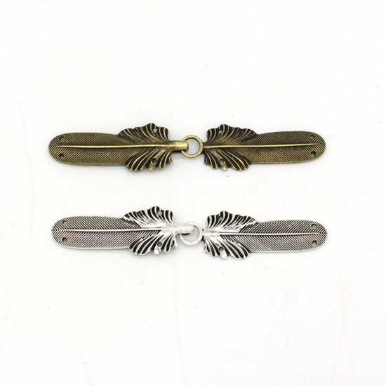 Picture of Hook Clasps Brooch Feather Antique Silver Color 90mm x 17mm, 1 Piece