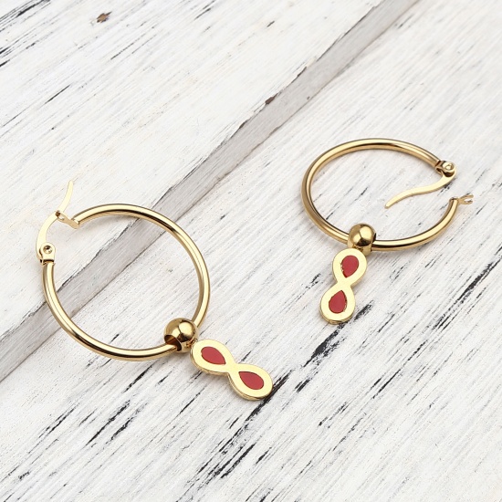 Picture of Stainless Steel & Acrylic Hoop Earrings Gold Plated Red Circle Ring Infinity Symbol 47mm x 29mm, Post/ Wire Size: (17 gauge), 1 Pair