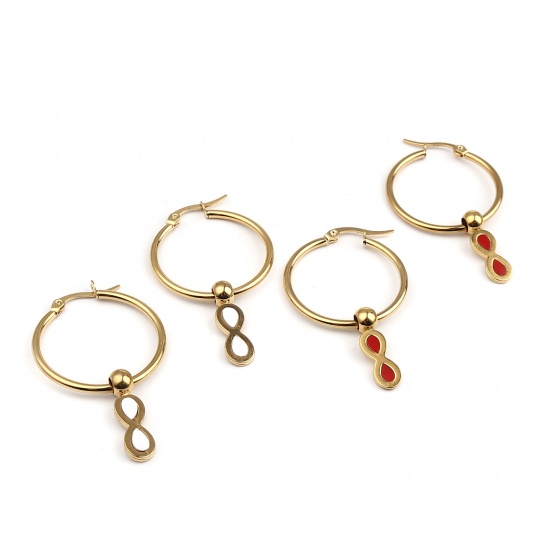 Picture of Stainless Steel & Acrylic Hoop Earrings Gold Plated Red Circle Ring Infinity Symbol 47mm x 29mm, Post/ Wire Size: (17 gauge), 1 Pair
