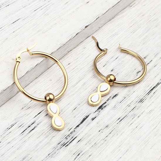 Picture of Stainless Steel & Acrylic Hoop Earrings Gold Plated White Circle Ring Infinity Symbol 47mm x 29mm, Post/ Wire Size: (17 gauge), 1 Pair