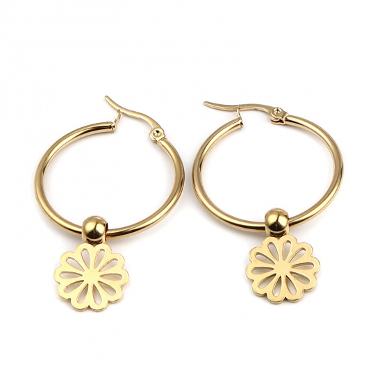 Picture of Stainless Steel Hoop Earrings Gold Plated Circle Ring Flower 44mm x 29mm, Post/ Wire Size: (17 gauge), 1 Pair