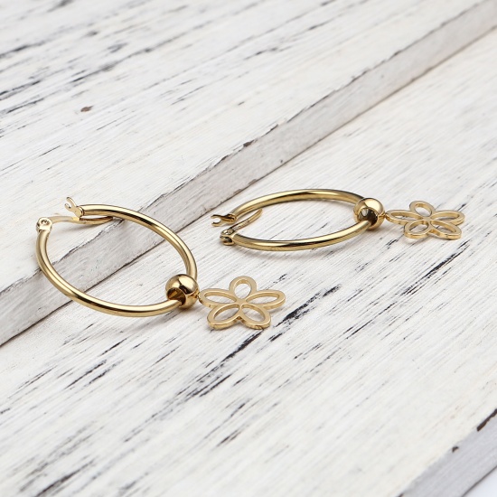 Picture of Stainless Steel Hoop Earrings Gold Plated Circle Ring Flower 44mm x 29mm, Post/ Wire Size: (17 gauge), 1 Pair