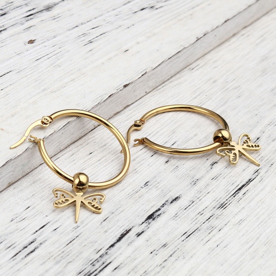 Picture of Stainless Steel Insect Hoop Earrings Gold Plated Circle Ring Dragonfly 42mm x 29mm, Post/ Wire Size: (17 gauge), 1 Pair